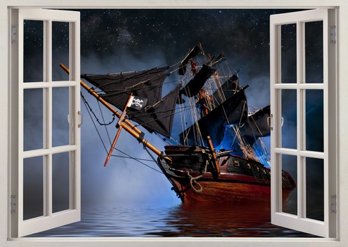 Pirate ship fog sailing water - ship,